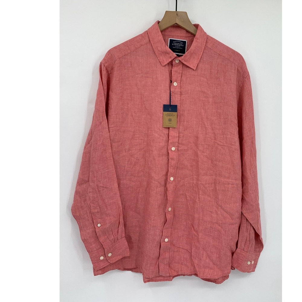 Charles Tyrwhitt Linen Shirt Mens Large Orange Long Sleeve Classic Fit NEW